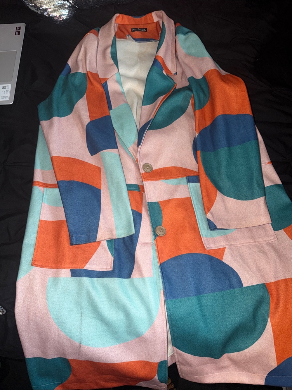 SHEIN Pink Teal Orange Blue Geometric Pea Coat